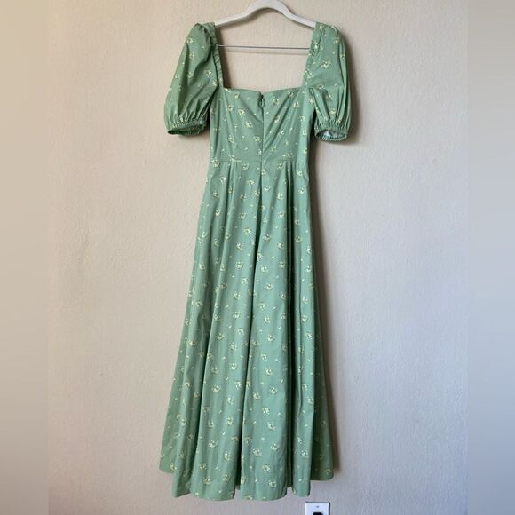 House of Cb Tallulah Olive Midi Green Dress Floral Puff Sleeve Size XS - Picture 14 of 14